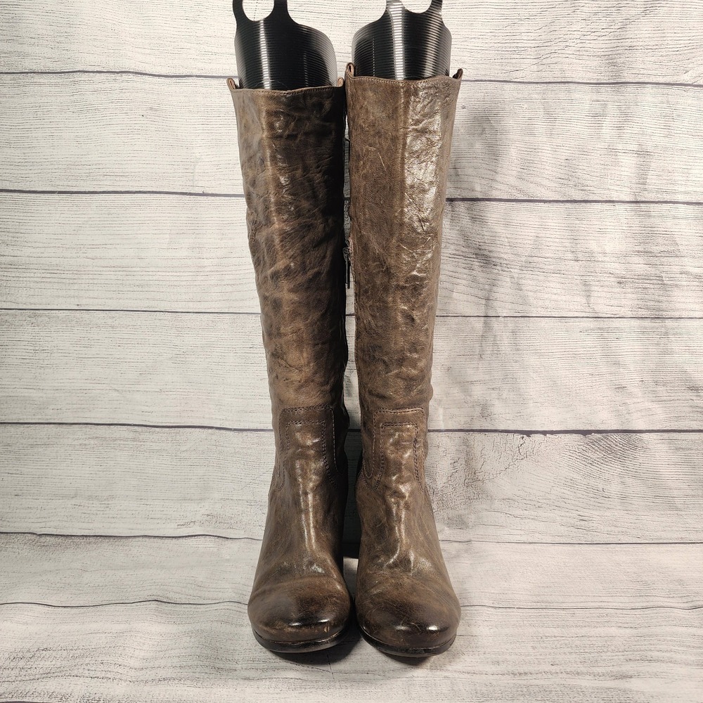 Frye Carson Size 7 Shield Tall Boots Dark Brown Distressed Leather Block Heel - Picture 3 of 9